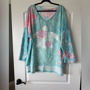 Aqua Floral Turtle Print Top